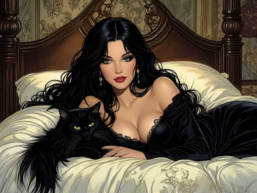 The image depicts a woman lying on her stomach on a bed with a black cat curled up next to her. The woman is wearing a black dress and has long dark hair. The background features a floral patterned wallpaper that complements the overall composition of the scene.