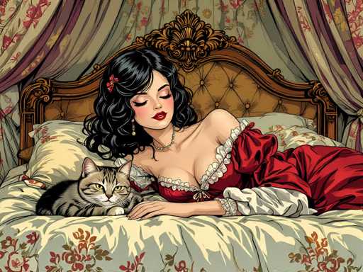 A woman is lying on her stomach on a bed with a cat curled up next to her. The bed has white sheets and a gold headboard, creating an elegant setting for the scene.