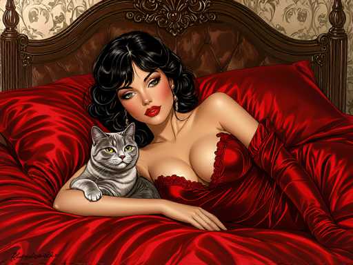 The image depicts a woman lying on her stomach with a gray cat resting on her chest. The woman is wearing a red dress and the background features a floral patterned bedspread.