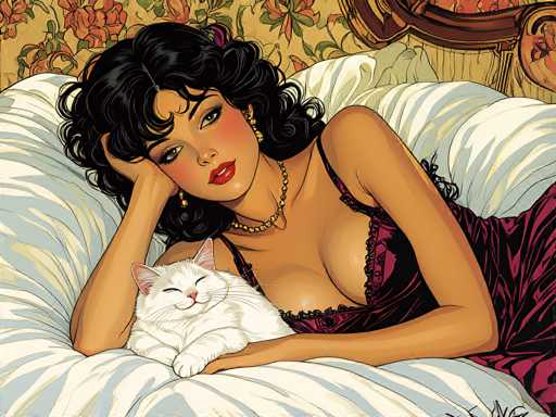 The image depicts a woman lying on her stomach with her head resting on the arm of a bed and a white cat sleeping next to her. The background features a floral patterned wallpaper that complements the overall composition.
