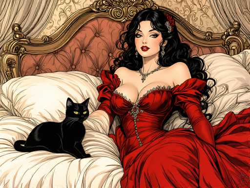 The image depicts a woman wearing a red dress and a necklace with a large pendant sitting on a bed next to her black cat. The background features a white curtain and gold trimming, creating an elegant and luxurious atmosphere.