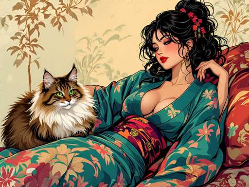 The image depicts a woman wearing a traditional Japanese kimono with a floral pattern and a red headband. A cat is sitting on her lap, which is covered by the kimono. The background features a tree and flowers, creating an impression of a serene garden setting.