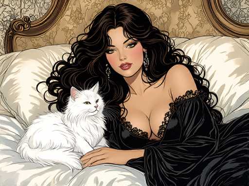 The image depicts a woman lying on her stomach with a white cat resting on her chest. The woman is wearing a black dress and has long dark hair. The background features a beige wall with gold accents, including an ornate headboard.
