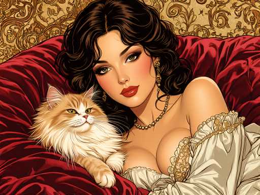 The image depicts a woman with long brown hair and red lipstick lying on a bed covered with a red blanket. A cat is sitting next to her on the bed. The background features a gold and red patterned fabric.