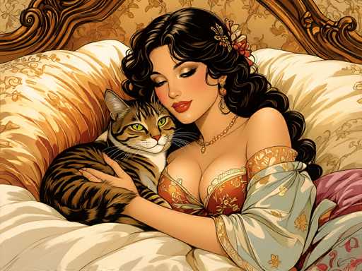 The image depicts a woman with long dark hair and bangs, wearing a gold dress, lying on her back on an ornate bedspread. She is holding a cat that has striking green eyes and a striped pattern. The background features a floral pattern in shades of yellow and brown.