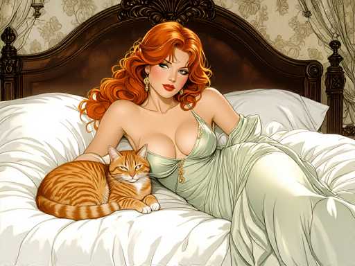 The image depicts a woman with red hair lying on a bed wearing a green dress and holding an orange cat. The background features a floral patterned wallpaper and a wooden headboard.