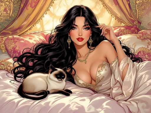 The image depicts a woman with long dark hair and gold earrings lying on her stomach on a bed, wearing a white dress. A cat is sitting next to her on the bed. The background features a pink curtain and a window that allows natural light into the room.