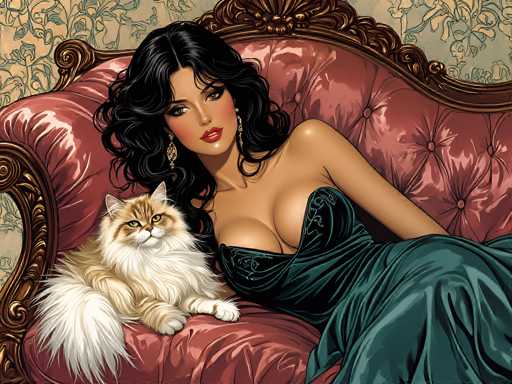 The image depicts a woman wearing a green dress and sitting on a pink couch with her cat lying next to her. The background features a floral patterned wallpaper that complements the overall color scheme of the scene.