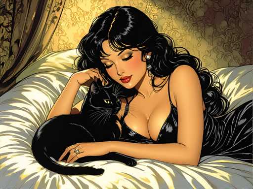 A woman with long dark hair is lying on a bed and holding a black cat. The background features a white curtain and a gold patterned wall.