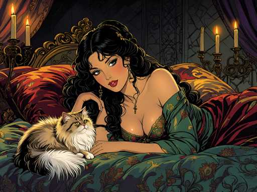 The image depicts a woman lying on a bed with her cat curled up next to her. The woman is wearing a green dress and has long dark hair. The cat appears to be brown in color. The background features a red and gold curtain, which adds an ornate touch to the scene.