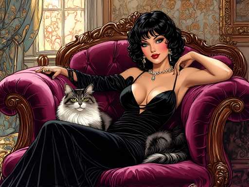 The image depicts a woman sitting on a pink velvet armchair with her legs crossed and wearing a black dress. A gray cat is lying down next to her on the arm of the chair. The background features a window with curtains that allows natural light into the room.