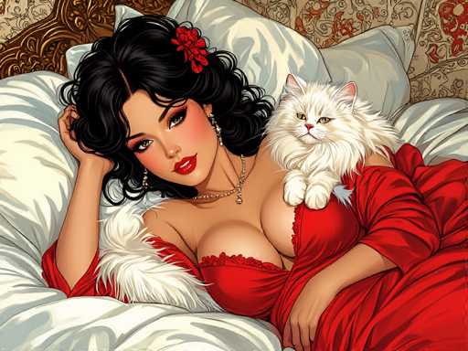 The image depicts a woman wearing a red dress and a white fur coat lying on her stomach with a cat resting its head on her chest. The background is a white bedspread adorned with gold accents.