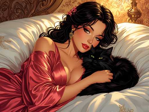 The image depicts a woman lying on her stomach with a black cat curled up next to her on a white bedspread. The woman is wearing a red dress and has long dark hair styled in loose curls.