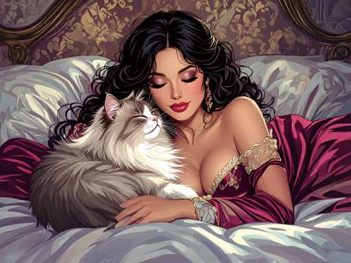 The image depicts a woman lying on her stomach with a cat curled up next to her on the bed. The woman is wearing a red dress and has long dark hair.