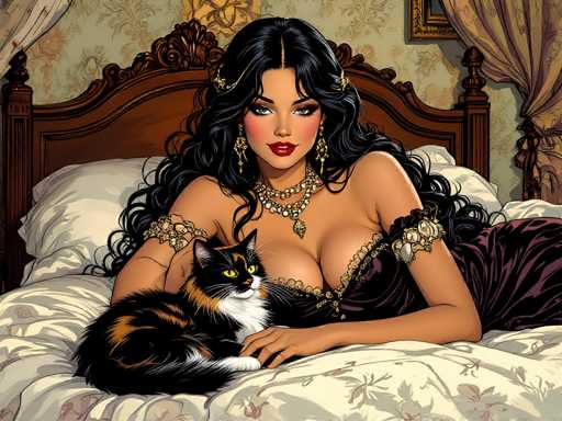 The image depicts a woman with long dark hair and bangs wearing a purple dress lying on her back on a bed. She is holding a cat that has black and white fur. The background features a floral patterned curtain and a wooden headboard.