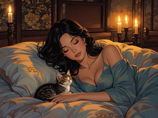 A woman is lying on her stomach with a cat curled up next to her on a bed covered in white and gold floral sheets. The room has dark wood paneling and a window with candles inside.