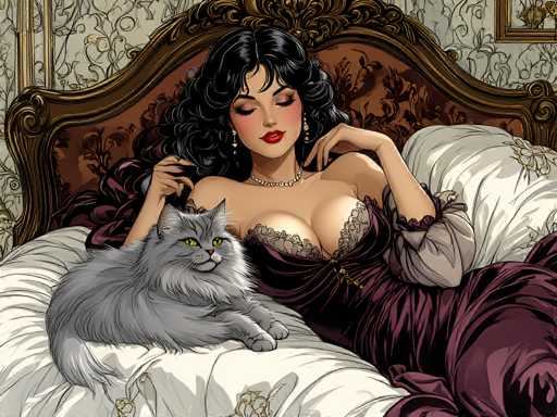 The image depicts a woman lying on a bed with her cat. The woman is wearing a purple dress and has long dark hair. The cat is sitting next to the woman's feet.