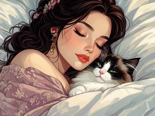 The image depicts a woman with long brown hair and gold earrings lying on her back on a white bedspread, holding a cat that is black and white in color. The background of the image is blurred, drawing focus to the woman and the cat.