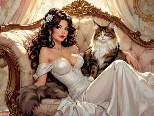 The image depicts a woman and her cat sitting on a couch with gold accents. The woman is wearing a white dress and has long brown hair styled in loose waves. The cat is a mix of black and white colors.