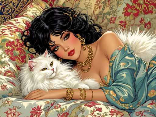 The image depicts a woman with long dark hair and gold jewelry lying on her stomach on a floral-patterned couch. A white cat is also present on the couch next to the woman.