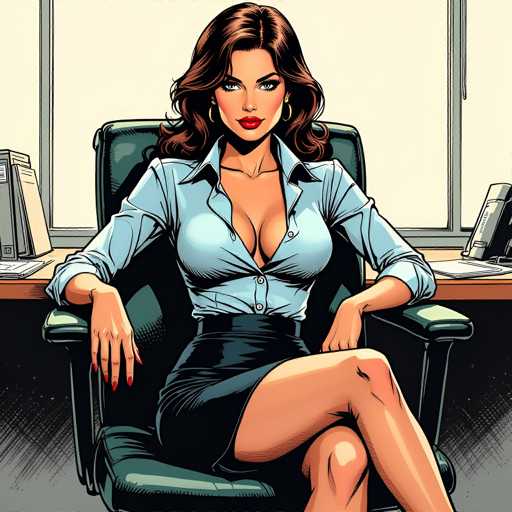 The image depicts a woman sitting in an office chair with her legs crossed and wearing a blue dress. She is positioned in front of a desk that has two computer monitors on it. The background features a window overlooking the street outside.