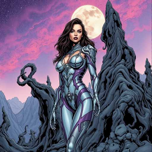 The image depicts a woman with long brown hair and dark makeup standing on a rocky cliff face against the backdrop of a full moon and a purple sky. The woman is wearing a silver bodysuit that features a large breastplate and a sword at her side.
