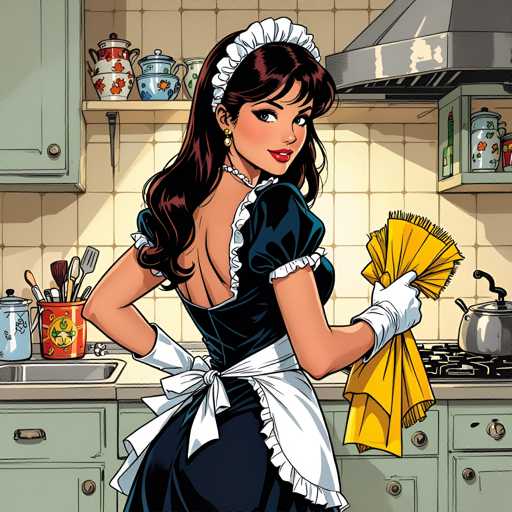 A woman wearing a maid's uniform is standing in front of a kitchen counter with various cooking utensils and dishes around her. She holds a yellow towel over the counter.