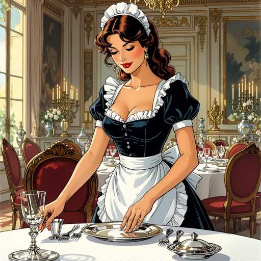 A woman dressed as a maid is seated at a table with a plate and wine glass before her. The room has ornate decorations and paintings on the walls, creating an atmosphere of elegance and sophistication.