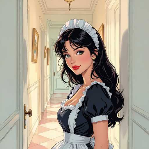 The image depicts a young woman wearing a maid's outfit and headband standing in the center of an open hallway with white walls on both sides. The woman is positioned between two doors, suggesting she may be entering or leaving the room.