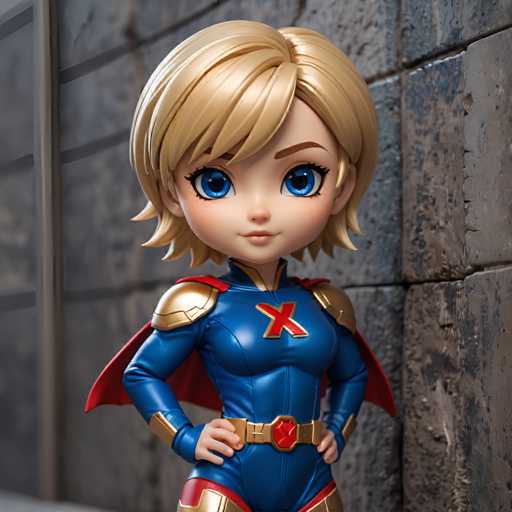 A blonde-haired figurine is posed with a confident stance against a gray stone wall backdrop. The figurine wears a blue and gold suit with a red emblem on the chest and holds a sword in its right hand.
