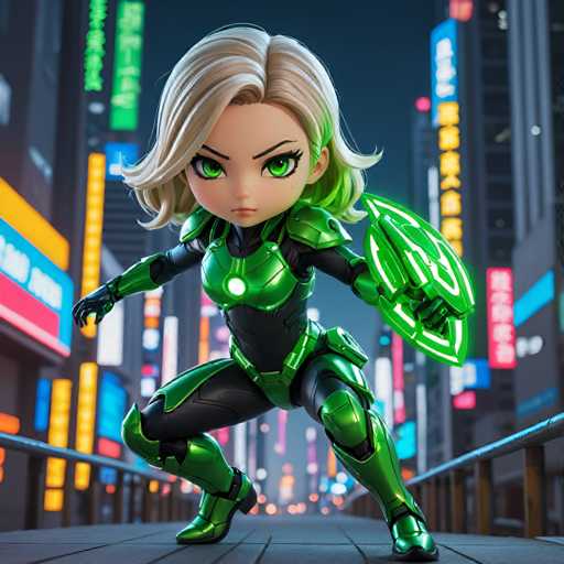 The image depicts a character from the DC Comics universe, specifically the character Green Lantern. The character is shown crouched down with her arms crossed and legs bent at the knees, wearing a green suit that matches her hair color. She holds a shield in one hand and a sword in the other. The background features a cityscape with buildings of various sizes and colors, including neon signs, creating an urban setting for the character's adventures.