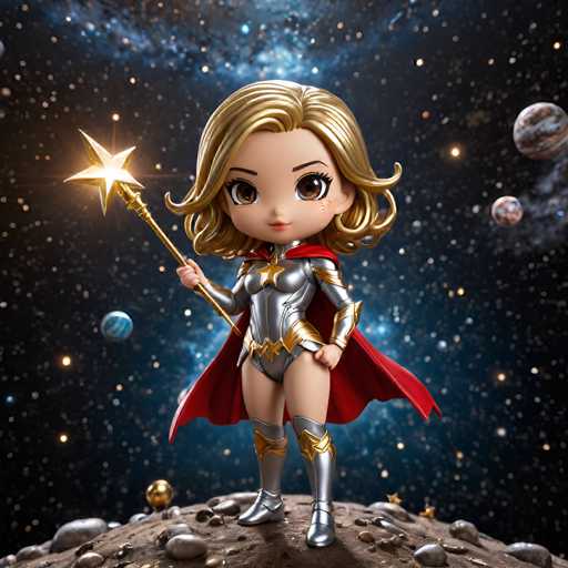 A 3D rendering of a female character with blonde hair and blue eyes dressed as a superhero standing on a rocky surface against the backdrop of a starry night sky filled with planets and stars.