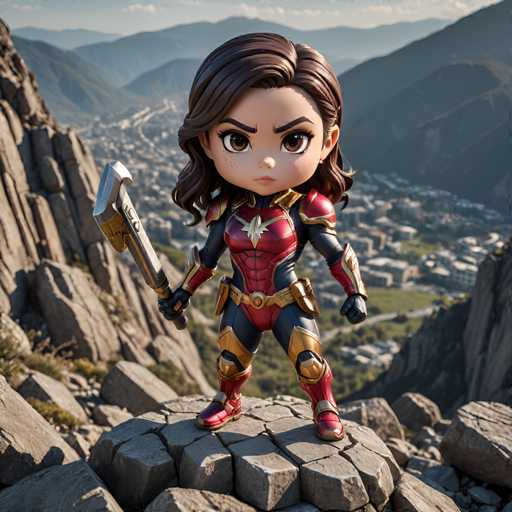 A figurine of Wonder Woman standing on a rock with an axe in her right hand and a shield in her left hand against the backdrop of a mountainous landscape.