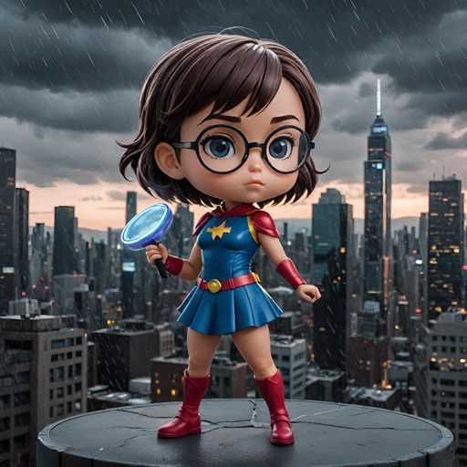 A 3D rendering of a young girl dressed as Wonder Woman with glasses and a red cape, standing on a pedestal against the backdrop of a city skyline at sunset.