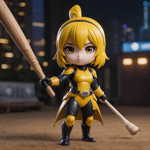 A yellow action figure with black hair and a black helmet is standing on its hind legs holding a wooden baseball bat over its shoulder. The figure has a determined expression as it gazes directly at the camera.