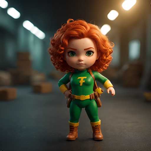 A small cartoon girl with red hair and a green outfit is standing on a gray floor against a black background. She has brown boots and a yellow backpack slung over her shoulder. The girl's expression appears to be one of determination or readiness for action.