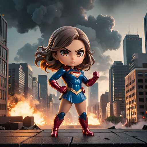 A figurine of a female superhero with brown hair and blue eyes is standing on a rooftop against the backdrop of a city skyline filled with tall buildings and explosions. The figurine is wearing a red cape and a blue bodysuit that matches her hair color.