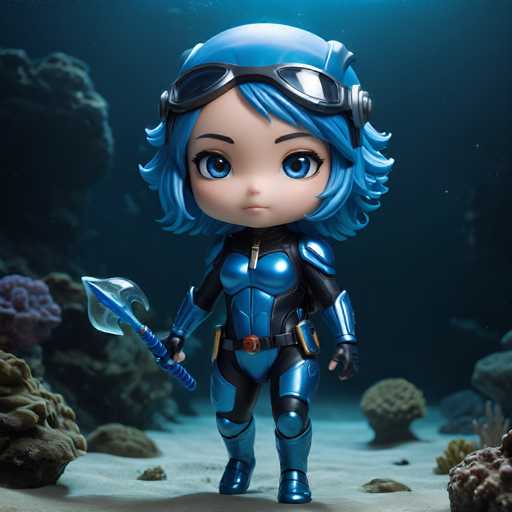 A blue-haired anime character with a helmet and goggles stands on a rocky surface surrounded by coral reefs and fish.