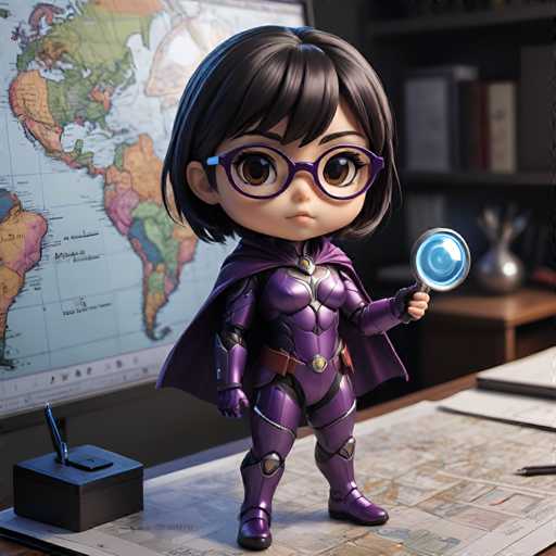 A small figurine of a girl dressed as a superhero with purple hair and glasses is holding a magnifying glass over a map on a desk.