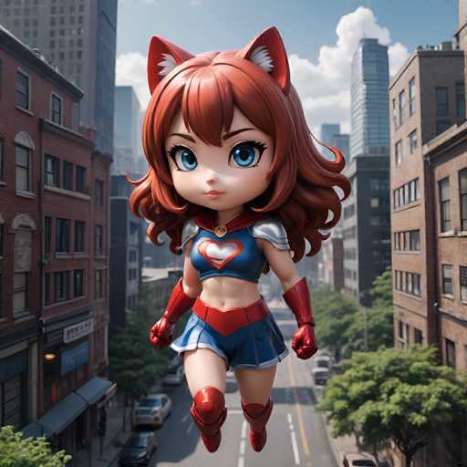 A figurine of a girl with red hair and blue eyes is depicted as a superhero flying through the air above a cityscape. The girl is wearing a red cape and a blue and white striped shirt, giving her a powerful and dynamic appearance.