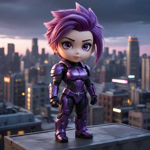 A small purple-haired girl with big eyes and a serious expression stands on top of a rooftop, wearing a purple suit with black boots and holding a sword in her right hand. The city skyline forms the backdrop behind her.