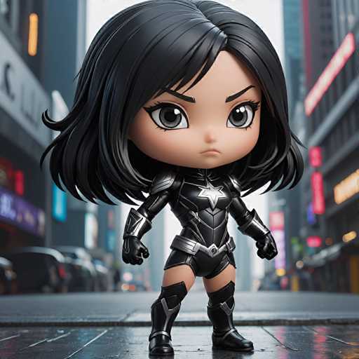 A black anime character with long hair and a serious expression stands on a wet city street, wearing a black outfit that includes a helmet and boots. The background features buildings and neon signs, creating an urban setting for the scene.