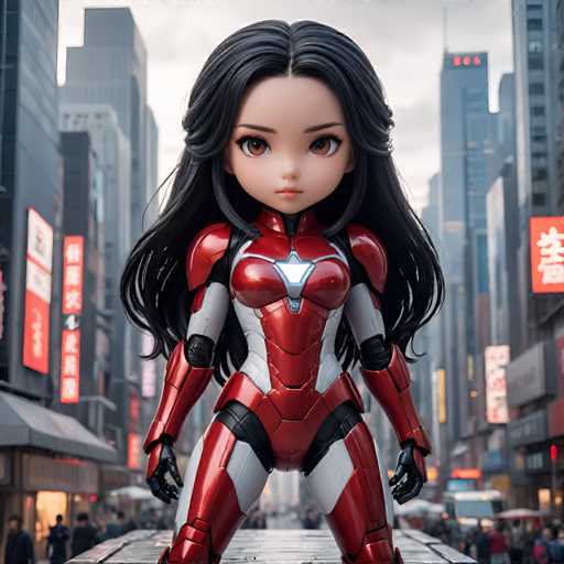 The image shows a close-up view of a young girl with long black hair and striking red hair styled in an updo. She is wearing a red and white suit that resembles the iconic armor from the Marvel Comics character Iron Man. The girl's face is lit up with a smile, giving her a friendly and approachable appearance. In the background, there are tall buildings visible against a cloudy sky, suggesting an urban setting.