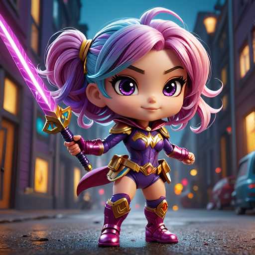 A cartoon girl with purple hair and a gold sword stands on a street at night, holding the sword high above her head.