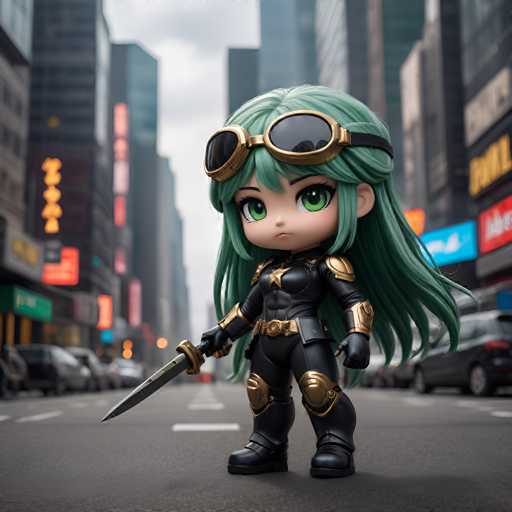 A figurine of a girl with green hair and a black outfit is standing on the street holding a sword and wearing goggles. The background shows buildings and cars, suggesting an urban setting.
