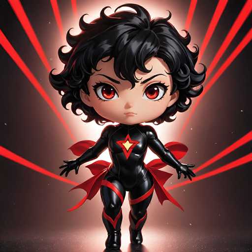 A black and red anime character with curly hair is standing on a white surface against a dark background. The character has a red star on their chest and is wearing a black outfit with a red bow around their waist.