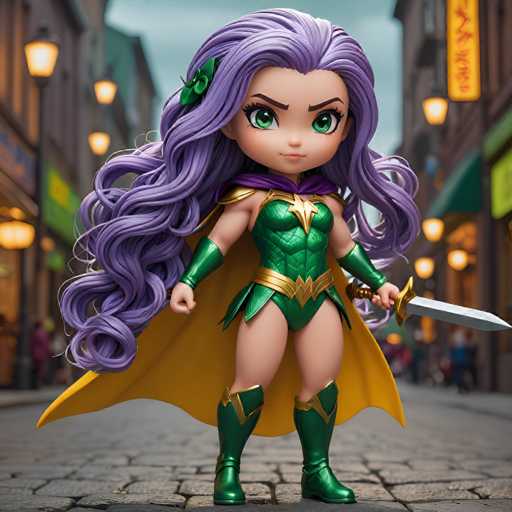 A figurine of a girl with purple hair and a green outfit is posed on the sidewalk against an urban backdrop featuring buildings and street lamps.