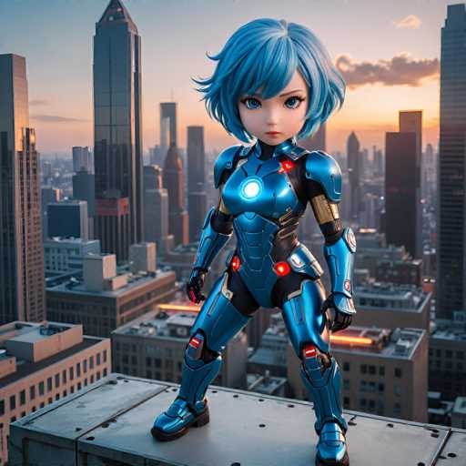 A blue-haired girl with a futuristic outfit stands on top of a building, gazing out at the city skyline below her.