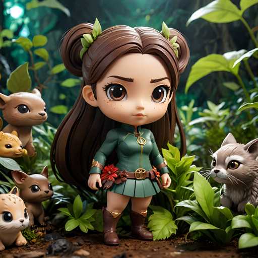 A small figurine of a girl with long brown hair and green dress is standing on the ground surrounded by other figurines including a cat and a deer.