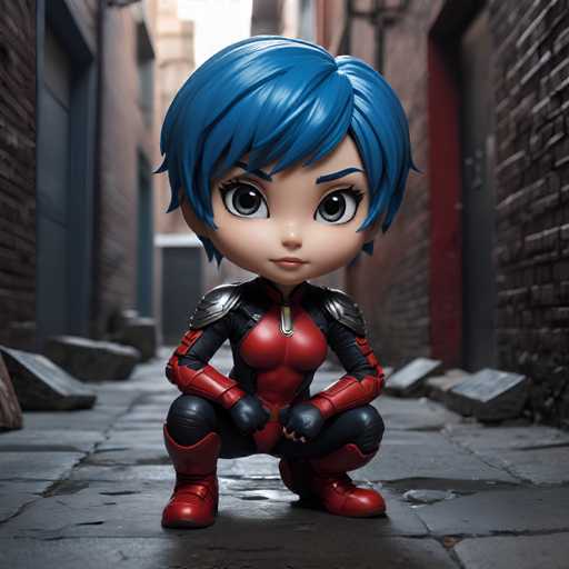 A figurine of a girl with blue hair and red armor is posed on her knees against the backdrop of an alleyway lined with brick walls.